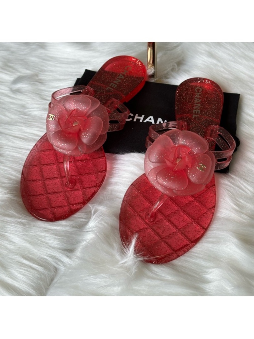 CHANEL Glitter Camellia Jelly Slide Sandals